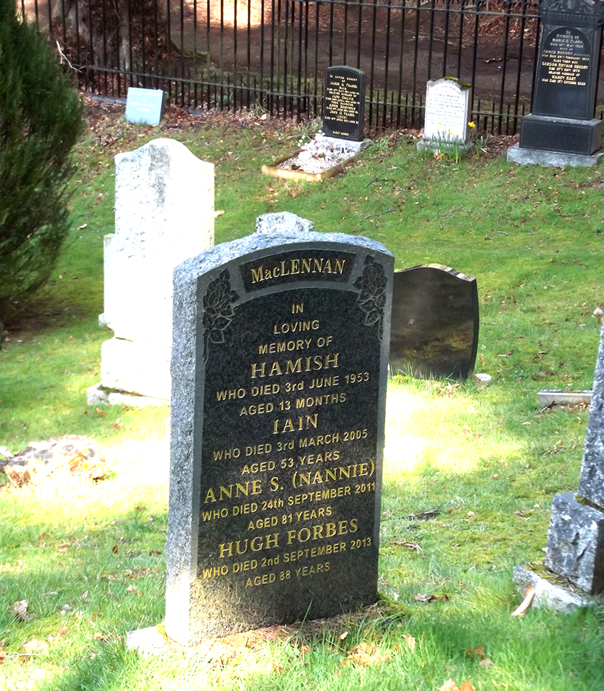Photo of headstones/Hugh Forbes MacLennan 1925-2013 hdstn Forres Cluny Hill Cem